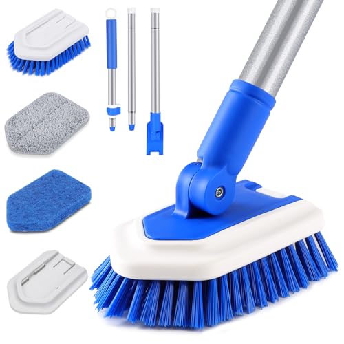 Lalafancy Shower Cleaning Brush with Locking Head, 3 in 1 Tub Tile Scrubber Brush with 50'' Extendable Long Handle Stiff B...