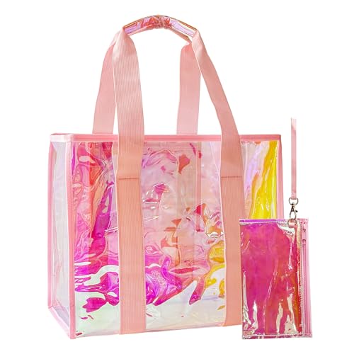 TotePrint PVC Waterproof Holographic Colorful Tote Handbag with Small Mobile Phone Bag for Beach, Travel and Shopping（0.4MM）