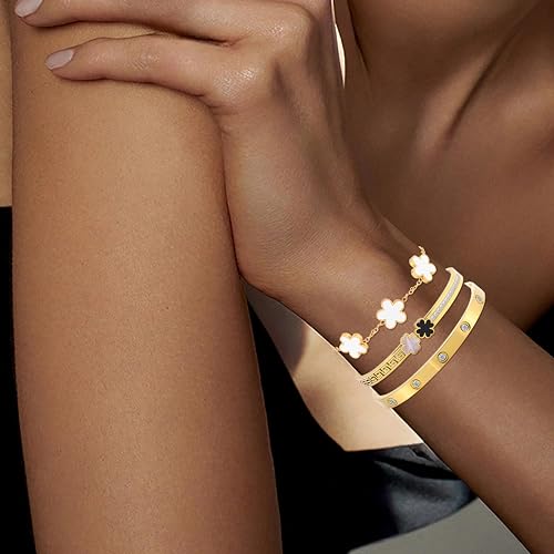 Camhanno 5pcs Gold Stackable Bracelet Set for Women - Stainless Steel Non-Tarnish Clover Lucky Charm Jewelry, Trendy Gift ...