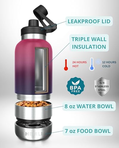 HEMLI 32 oz. Dog Water Bottle, Insulated Dog Travel Water Bottle, Stainless Steel Pet Water Bottle Dispenser Portable Food...