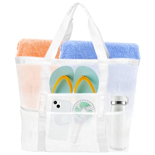Yunaeduo Large Mesh Beach Bag - Lightweight & Foldable Family Beach Bag with 9 Pockets for Toys, Towels & Vacation Essentials