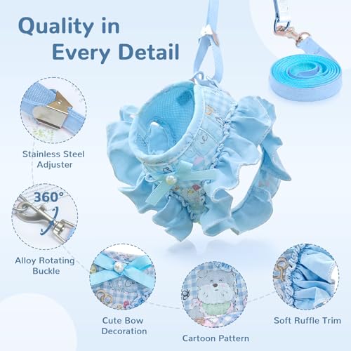 ABRRLO Small Dog Harness and Leash Set Soft Breathable Mesh No Pull Puppy Harness with Bowknot Adjustable Cute Blue Dog Ve...