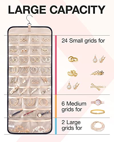 BAGSMART Hanging Jewelry Organizer Storage Roll with Hanger Metal Hooks Double-Sided Jewelry Holder for Earrings, Necklace...