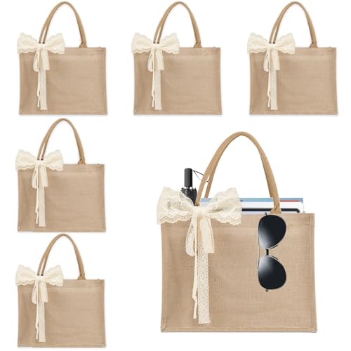 Karinoos 6pcs Burlap Tote Bag Set with Handles, Waterproof Reusable Blank Grocery Bags with Ribbon Large Jute Tote 15.35 *...