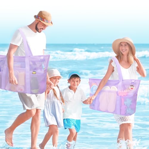 Tagitary Mesh Beach Bag with Zipper Large Beach Tote Waterproof Sandproof with 8 Pockets for Toys Pool Bag Beach Accessories