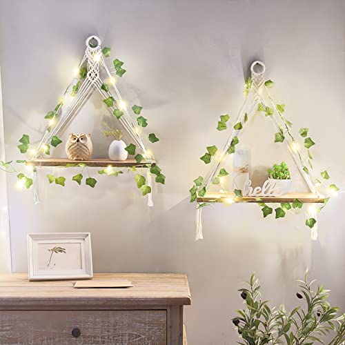 Mkono Artificial Ivy Macrame Hanging Shelves with Lights Set of 2 Boho Wall Decor Display Plants Photos Wood Floating Stor...