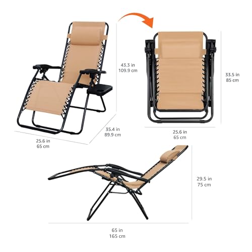 Amazon Basics Outdoor Textilene Adjustable Zero Gravity Folding Reclining Lounge Chair Set with Cup Holder, Side Table, He...