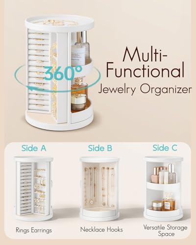 VLANDO 360°Rotating Jewelry Box,Earring Organizer Large Vertical Jewelry Organizer with 6 Necklace Hooks, Open Ring Displa...