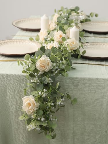 Anna's Whimsy 5.91FT Artificial Eucalyptus Greenery with Flowers, Fake Rose Gypsophila for Wedding Spring Home Party Decor