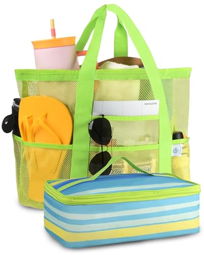 Genteen Beach Bag for Women, Mesh Tote Bags with Zipper, Sandproof Vacation Essentials with Cooler for Swim Cruise Pool