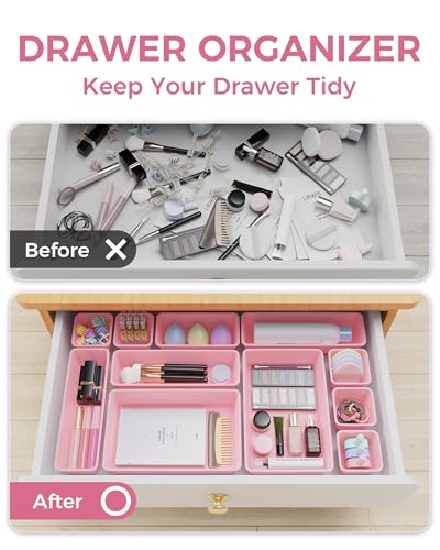 BiuLeon 25 PCS Plastic Drawer Organizers Set, 4-Sizes Vanity and Makeup Organizer, Desk and bathroom Drawer Organizer Tray...