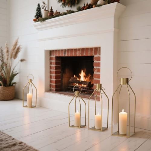 Kehail Elegant Gold Decorative Lanterns Set of 3-19/16/13 Inch Metal Indoor Lanterns Decorative with Flickering LED Candle...