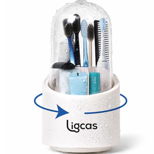 Toothbrush Holder with Cover, Dustproof Toothbrush Holder for Bathroom Sink, Vanity and Bathroom Storage Organizer, Rotati...