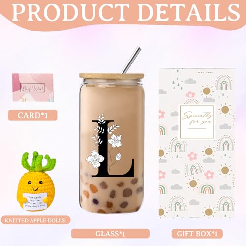fcaylo Monogrammed Initial Glass Cup with Lids and Straws, Personalized Gift Set with Doll, 16 Oz Ice Coffee Cup for Wome...