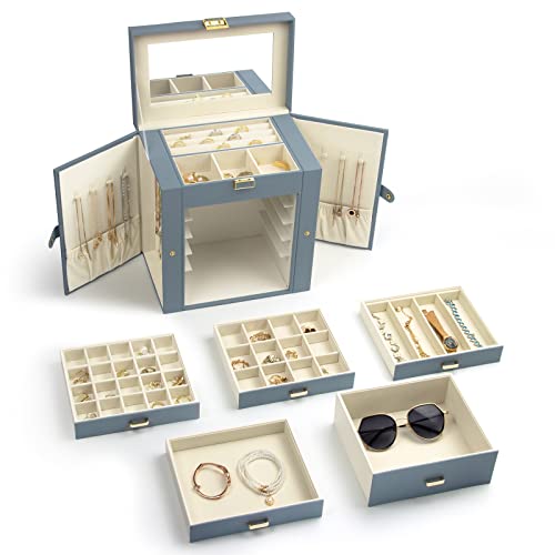 KAMIER Jewelry Box for Women, 6-Layer Large Jewelry Organizer Box with Mirror & 5 Drawers for Rings, Earrings, Necklaces, ...