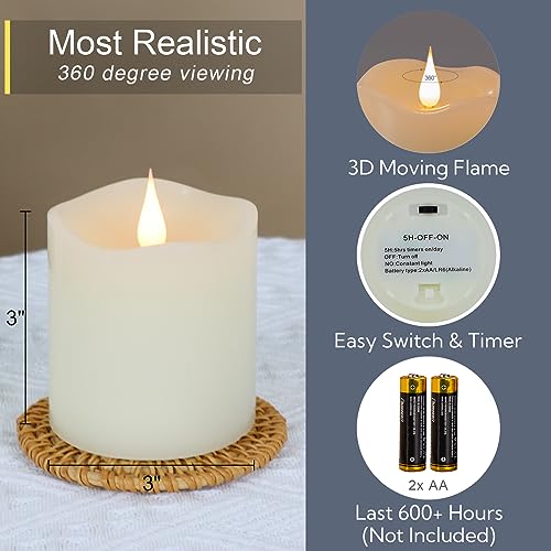 TECHLONG Flameless Candles Battery Operated with Timer, 3D Moving Flame Flickering, Last 600+ Hours Battery Candles, 3" x ...
