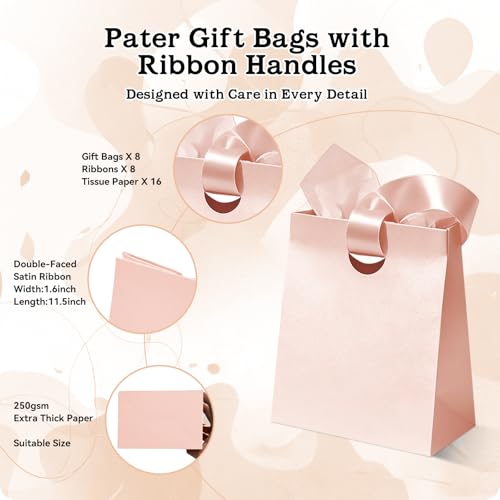 Paper Gift Bags with Ribbon Handles: 8 Pack Small Gift Bags, 8 Assorted Colors Bulk with 16 Tissue Paper, Reusable & Durab...