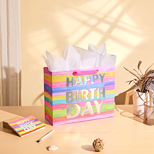 SUNCOLOR Large Happy Birthday Gift Bag with Tissue Paper & Card, 13 x 10.2 x 4.7 Inches Premium Paper Bag for Birthday, Ki...