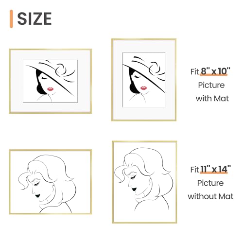 upsimples Aluminum 11x14 Picture Frame Gold, Display Photo 8x10 with Mat or 11 x 14 without Mat, Wall Hanging Metal Poster...