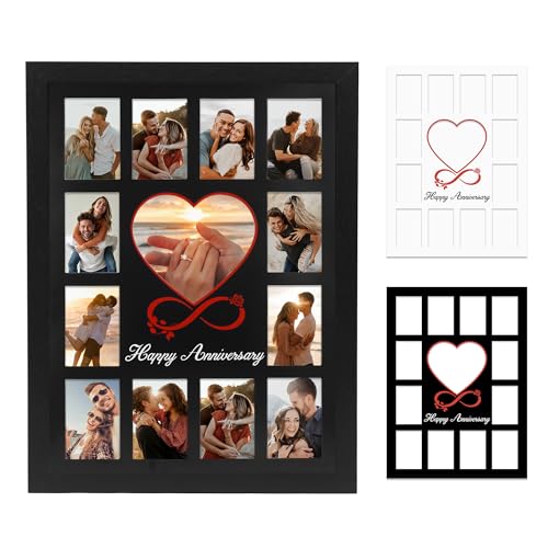 FramePro 12x16 Heart Anniversary Collage Picture Frame, DIY Names Custom Multi Photo Frame Holds 13 Photos, Anniversary De...