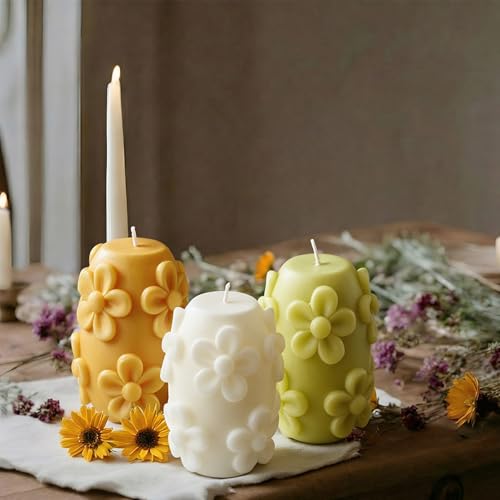 Lyrow 3 Pcs Daisy Pillar Candles 3D Embossed Floral Candle Set 3'' H Easter Decorative Candles for Spring Wedding Home Din...