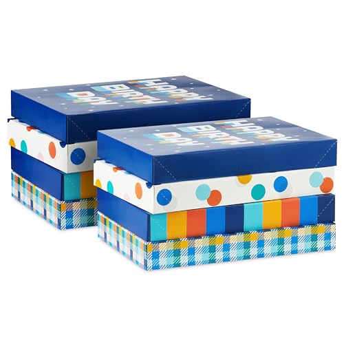 Hallmark Designed Shirt Boxes with Lids (8 Boxes: 2 Each of Orange and Blue Stripes, Plaid, Dots, Happy Birthday) for Birt...