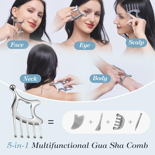 Gua Sha Tool with Handle,5in1 Scalp Massage Tool for Head&Face&Body, Protable Scalp Comb Guasha for Deep Relaxation and Re...