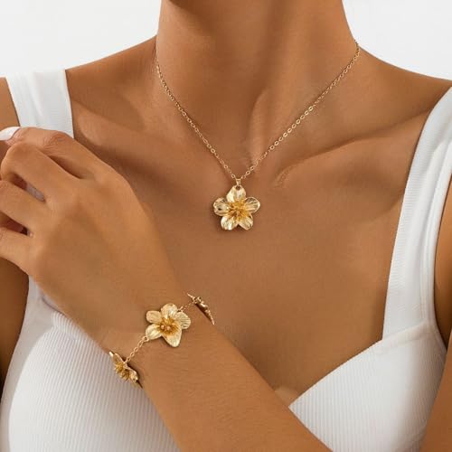 Gold Flower Necklace Bracelet Earrings Set for Women Boho Statement Chunky Big Daisy Flowers Floral Layered Chic Jewelry S...