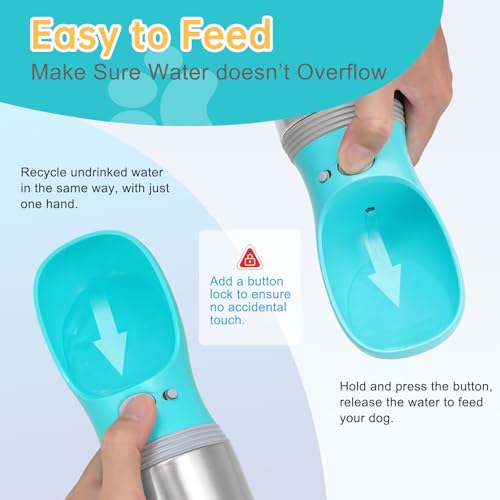 Portable Dog Water Bottle, 14 OZ, Stainless Steel Leak Proof Puppy Water Dispenser with Drinking Feeder for Pets Travel, W...