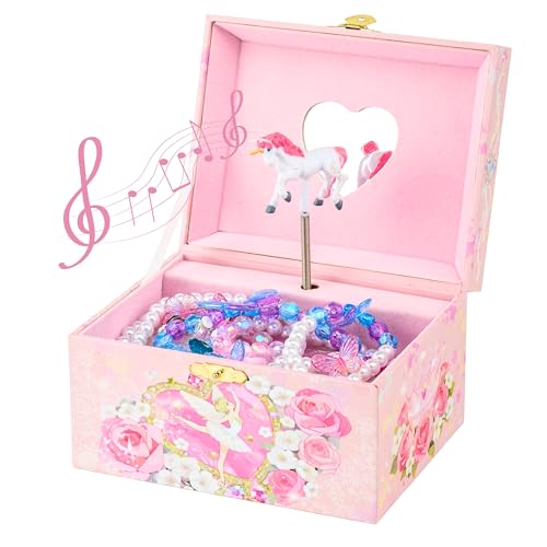 NEWLOOP Unicorn Jewelry Box for Girls – Musical Spinning Rainbow Unicorn Ballerina Design with Heart Mirror, Perfect Jewel...