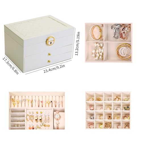 RQQM 3 Layer Jewelry Box Organizer with Drawers, Lockable PU Leather Jewelry Storage Case for Mothrer's Day gifts Necklace...