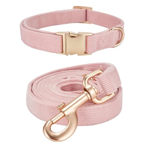 Ewinoom Soft Corduroy Dog Collar and Leash Set Adjustable Durable Dog Collars with Metal Buckle and Lead for Female Small ...