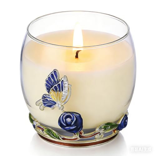 Scented Candles Gifts for Women - Enamel Butterfly & Blue Rose Decorative Glass Jar with Faceted Crystal Lid, Special Cand...