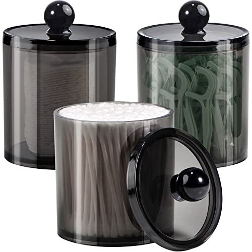 SheeChung 3-Pack Qtip Holder Black,Plastic Qtip Dispenser with Lids,Apothecary Jars with Labels,Minimalist Shatterproof Ba...