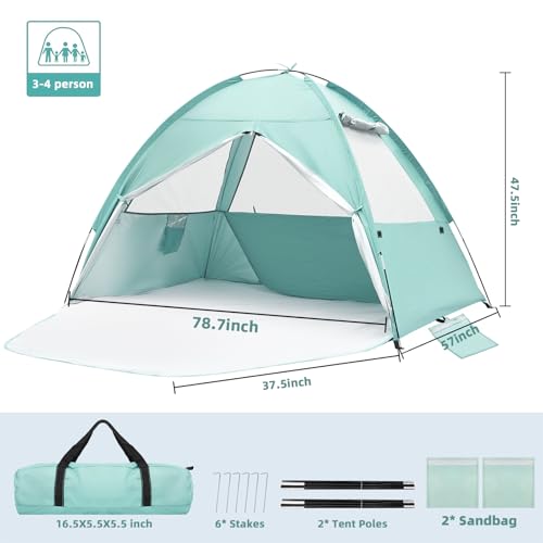 NHOWIN Beach Tent for 3-4 Person, Large Easy Setup Beach Shade Canopy with UPF 50＋ UV Protection, Portable Shade Tent with...