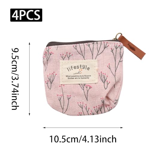 OYWOBET 4Pcs Mini Canvas Purse Coin Pouch, Mini Makeup Bags with Flower Pattern, Small Cosmetic Bag with Zipper Portable T...