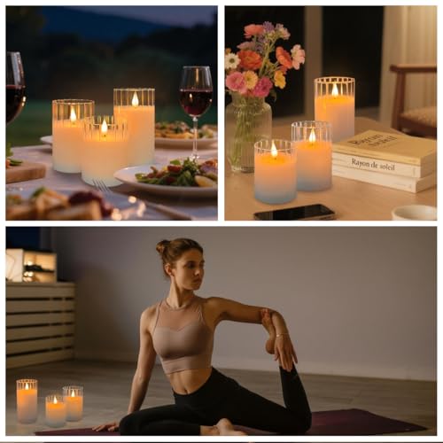 LEDHOLYT Rechargeable Flameless Glass Pillar Candles – Remote & Timer – Set of 3 White Stripes Realistic Flickering LED Li...