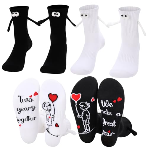 scenicamp 2 Pairs Couples Magnetic Holding Hands Socks with Gift Box Romantic Novelty Gifts for Him, Her, Husband, Wife