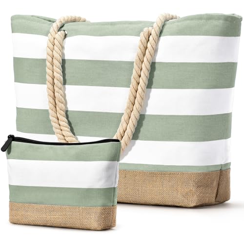 Becokan Beach Bag Initial Beach Tote with Makeup Bag for Travel Work Storage Personalized Birthday Gifts for Women Her