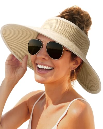 FURTALK Sun Hats for Women Wide Brim Beach Hat Straw Visor Ponytail Summer UV Packable Foldable Beach Vacation Essentials