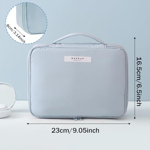 Travel Makeup Bag with Brush Holder and Compartments, Cosmetic Organizer Case for Skincare, Toiletries (Blue)