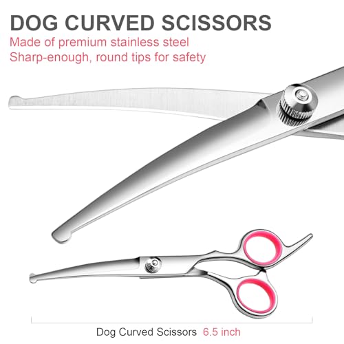 FAIGEO Dog Grooming Scissors with Safety Round Tips Stainless Steel Professional Dog Grooming Kit - Thinning, Curved Sciss...
