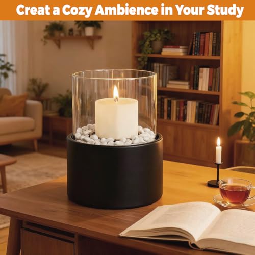 EastFlame Tabletop Hurricane Candleholder with Decorative Stones - Black Metal Candle Holder for 3" Pillar Candles and Sce...