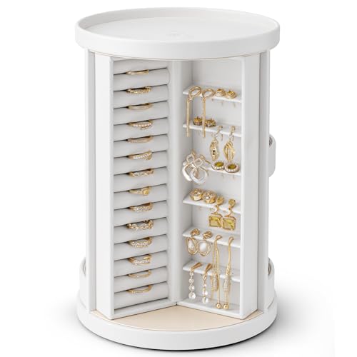 VLANDO 360°Rotating Jewelry Box,Earring Organizer Large Vertical Jewelry Organizer with 6 Necklace Hooks, Open Ring Displa...