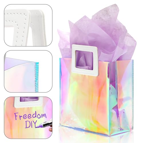 KeerxunBag 1 Pack Holographic Gift Bags with Handles & 2 Tissue Paper Sheets – Iridescent Transparent Reusable Bags for Wo...