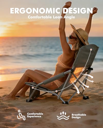 AKSOUL Folding Beach Chair for Adults: Low/High Back Chairs with Carry Bag - Extra Wide Seat Chair with Comfortable Pillow...