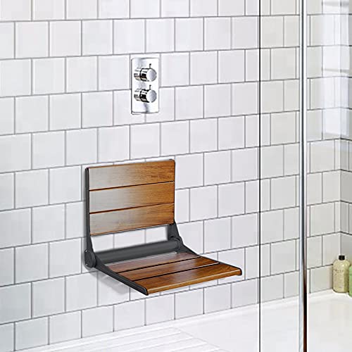 Home Aesthetics 18" ADA Compliant Wall-Mounted Folding Serena Teak Wood Shower Bench Seat with Matte Black Frame, Clear Co...