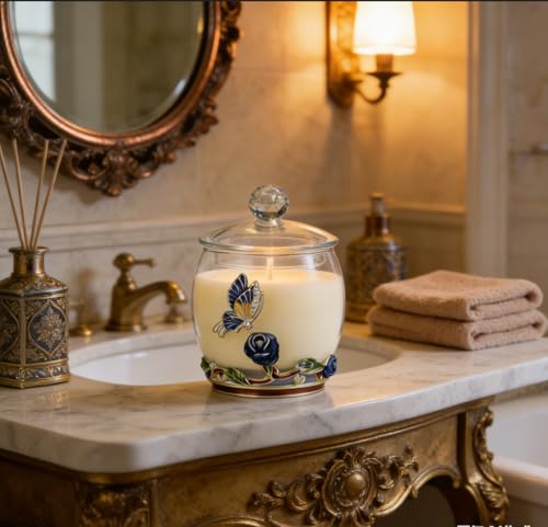 Scented Candles Gifts for Women - Enamel Butterfly & Blue Rose Decorative Glass Jar with Faceted Crystal Lid, Special Cand...