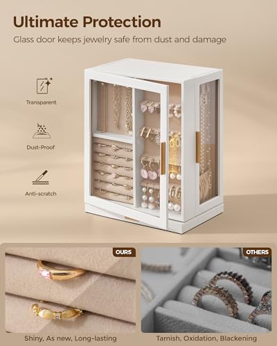 Glimmloop 360° Rotating Jewelry Box with 5 Drawers, Spacious Vertical Jewelry Organizer with Glass Window, Jewelry Storage...