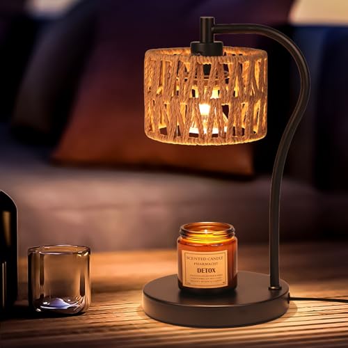 Ruiever Candle Warmer Lamp, Rattan Candle Heater with 2 Light Bulbs, Dimmable and Timer Melt Warmer for Scented Jar Candle...